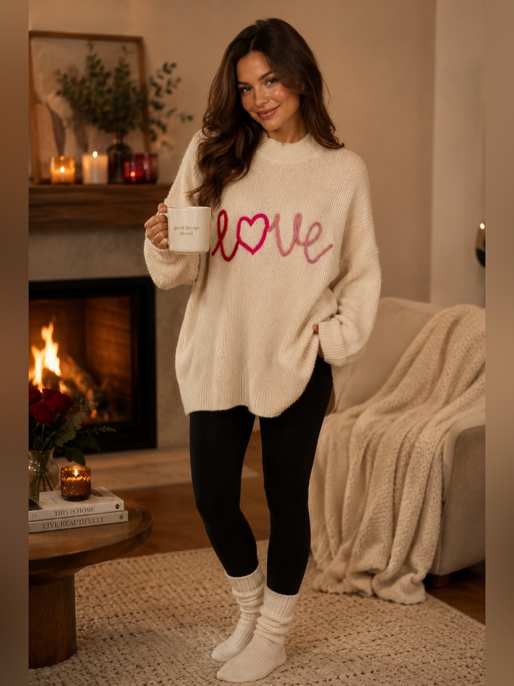 Debut Softest Cream Sweater with Pink Love Embroidery Women’s Size M/L
